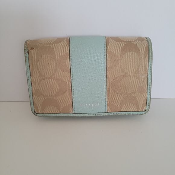 Coach Wallet Canvas Leather Signature Bifold 5x4 Medium Blue Tan - Picture 1 of 9
